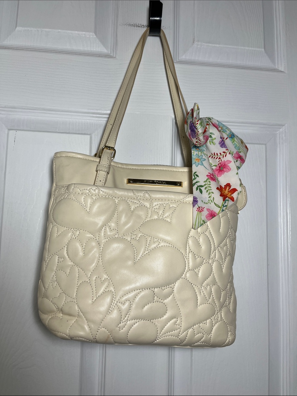 Betsey Johnson XO Aaliyah cream, quilted heart tote bag with floral scarf accent